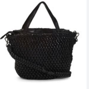 Woven Black  Leather Crossbody Tote Bag